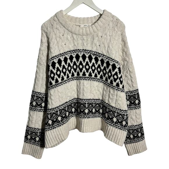 Mango Sweater Women XL White Black Rounded Neck Braided Cable Knit Rory Gilmore - Picture 1 of 6